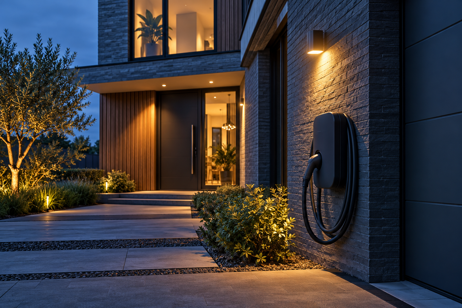 Laadpunt en gevelverlichting bij een moderne woning zonder personen