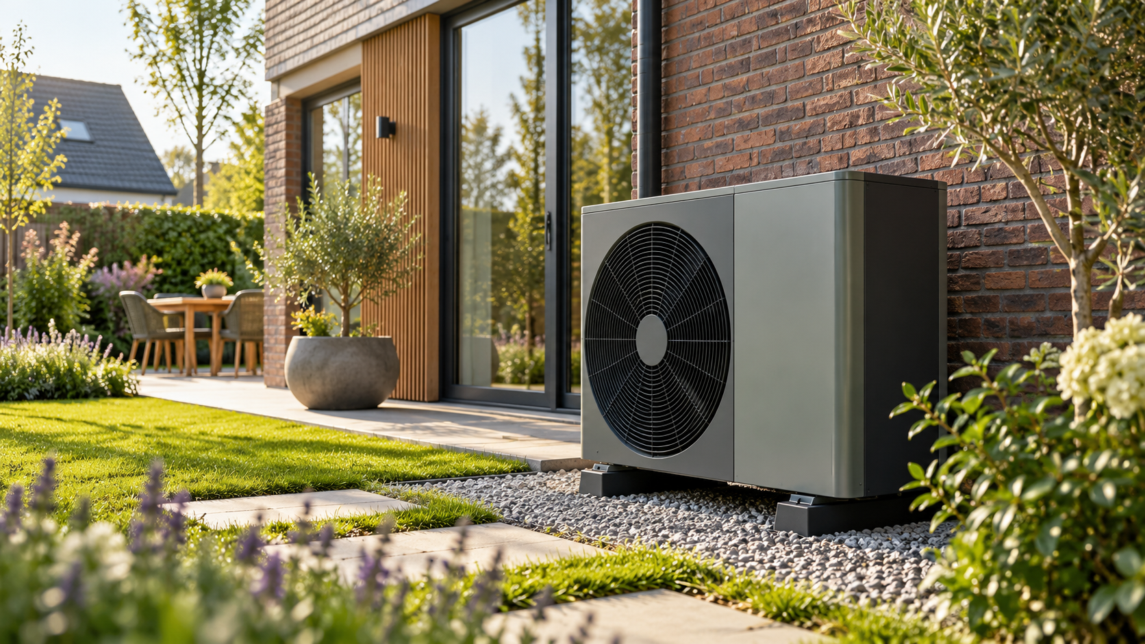 Warmtepomp naast een woning met groene tuin zonder personen